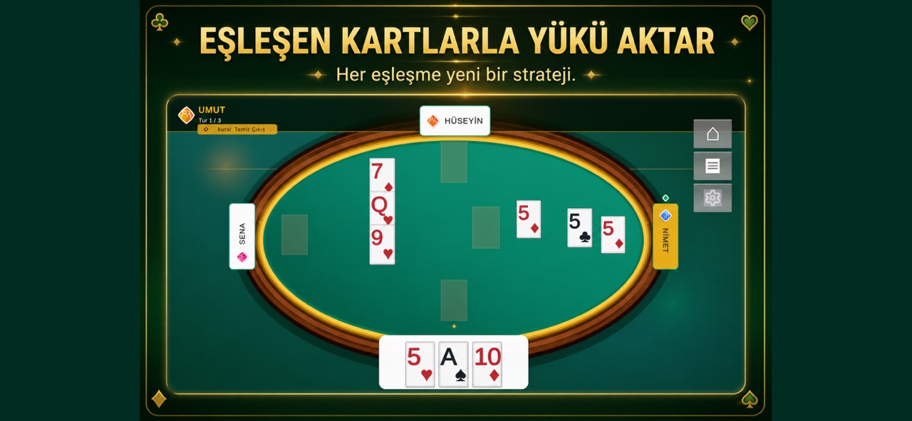 Dost Kazığı oyununda yeşil masa üzerindeki kartlar ve oyuncular